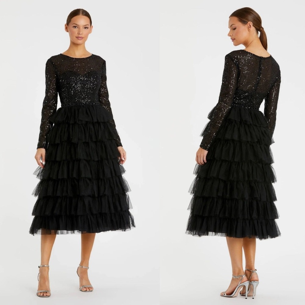 Mac Duggal Ieena NEW‎ Black Long Sleeve Ruffle Tiered Sequin Midi Dress - Size 4
